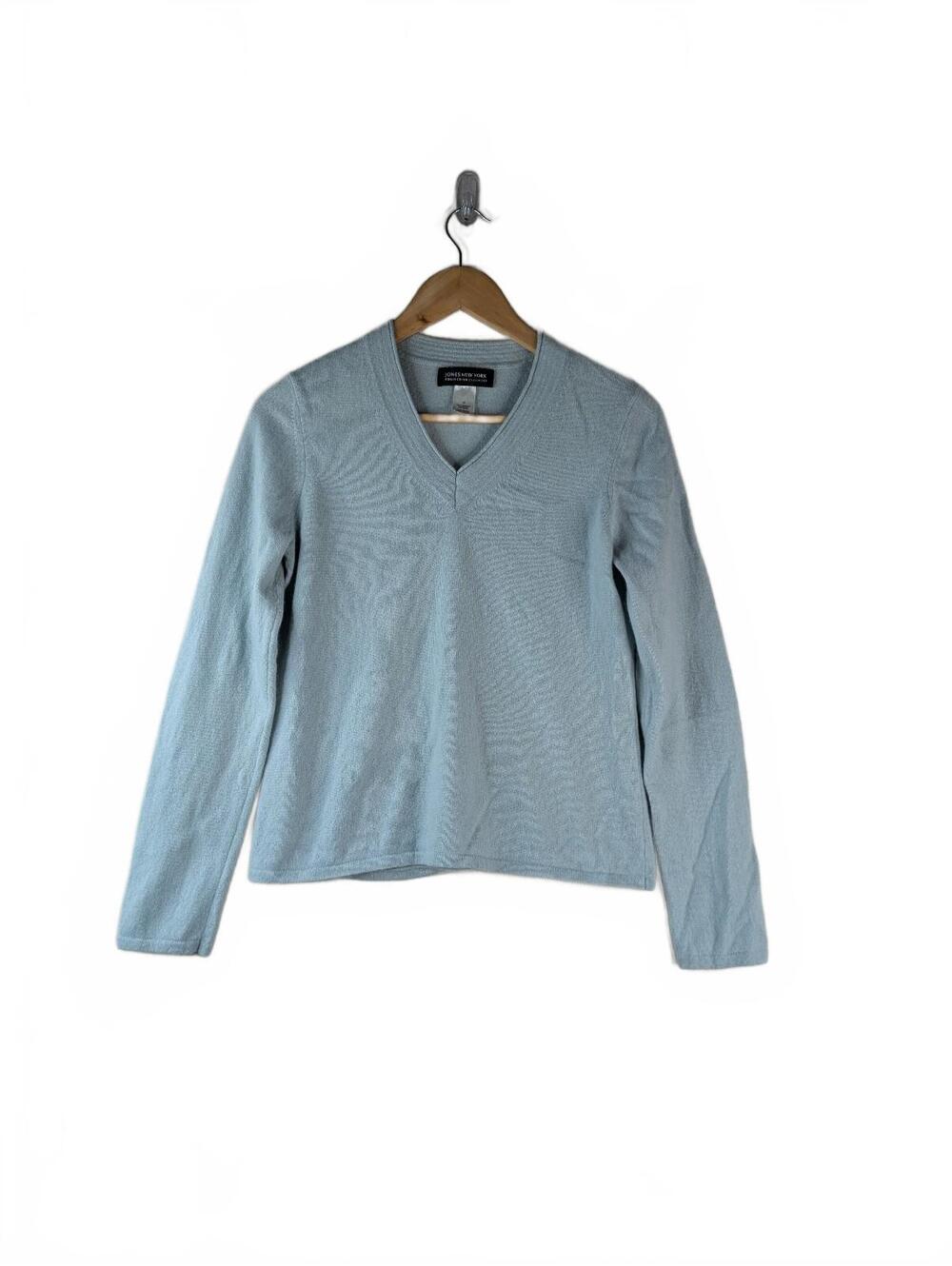 Jones New York Collection 100% Cashmere Light Blue V-Neck Sweater Medium